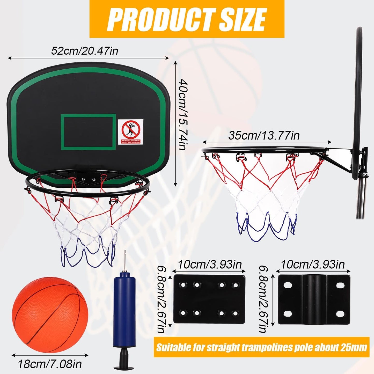 Trampoline Basketball Hoop, Easy to Install Trampoline Basketball Attachment with 2Pcs Mini Basketball & Pump Trampoline Accessories for Trampolines with Straight Pole of about 25Mm